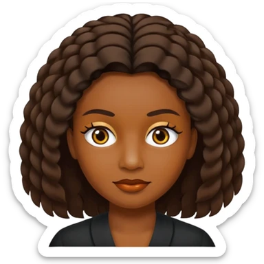 Crie um emoji que tenha o cabelo castanho médio, de cumprimento no peito, que tenha uma franja no tamanho da sobrancelha, com os olhos escuros e que use uma regata preta sticker