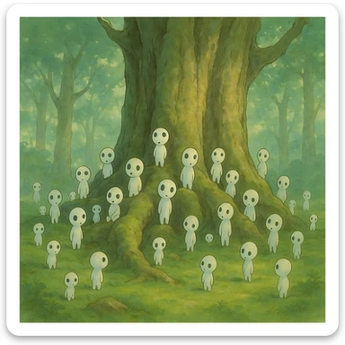 multiple forest spirits gathered around an ancient tree, magical atmosphere, soft colors, ghibli style sticker