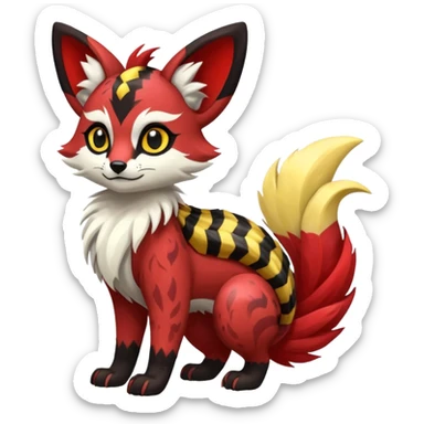 Futuristic sanguine-red banana-yellow black chevron-marked furry fluffy floofy feathery tribal marked Genet-Absol-Kyurem-Zeraora-Primagen-fusion-creature  sticker