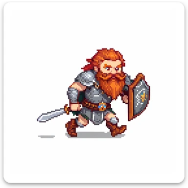 pixel art ginger viking with red beard and armor, running animation frame 3, legs crossing sticker