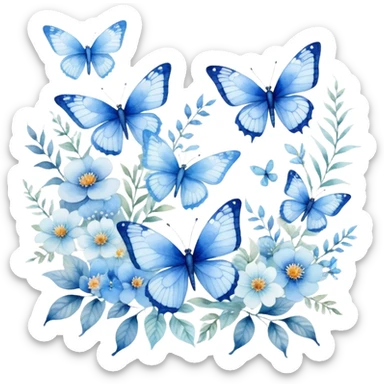 "A delicate watercolor painting of blue butterflies and dragonflies fluttering among soft floral patterns."
 sticker