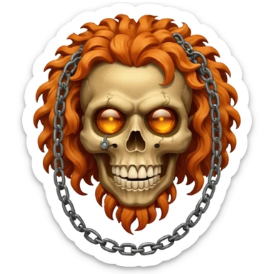 cinematic realistic steampunk Megadeth iconic skull mascot with a rusty chain in his teeth, huge curly orange hair sticker