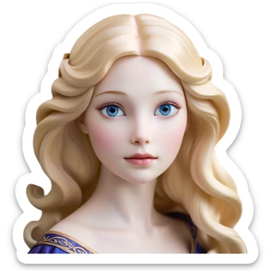 Cinematic Realistic Sleeping Beauty (Aurora) Portrait, with porcelain-like skin featuring a natural rosy flush, illuminated by soft lighting that highlights the gentle contours of her face. Her golden blonde hair flows in soft, detailed waves with subtle highlights that shimmer in the light. Her deep violet-blue eyes radiate warmth and innocence, framed by arched brows and long lashes. With a soft, serene smile, she holds a delicate rose gently in one hand, her other hand resting lightly by her side. She is dressed in her classic pink gown, the fabric rich in texture with delicate folds that catch the light. A golden crown rests atop her head, gleaming with royal refinement. The portrait captures a soft, glowing aura, blending realism with an ethereal sense of beauty and timeless enchantment. sticker