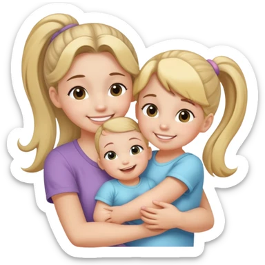 Teenage girl with ponytail embracing a baby and her little sister, loving family sticker