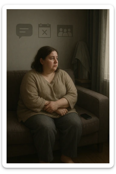 Donna tra i 30 e i 40 anni seduta sola su un divano, con espressione malinconica e corpo visibilmente appesantito. Indossa abiti larghi, avvolgenti, e guarda fuori dalla finestra mentre il telefono è spento o con notifiche ignorate accanto a lei. Sullo sfondo, si notano segnali di vita sociale assente: messaggi non letti, inviti ignorati, foto di gruppo a cui non partecipa. L’atmosfera è silenziosa, con luce grigia e ambiente spento. Intorno a lei, simboli di ritiro e insicurezza: tende chiuse, specchio coperto, postura chiusa. Stile realistico, tono delicato ed emotivo sticker
