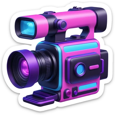 videographer's camera in pink and light blue colors, with neon glow lines, blue neon light on top left, purple neon light on bottom right sticker