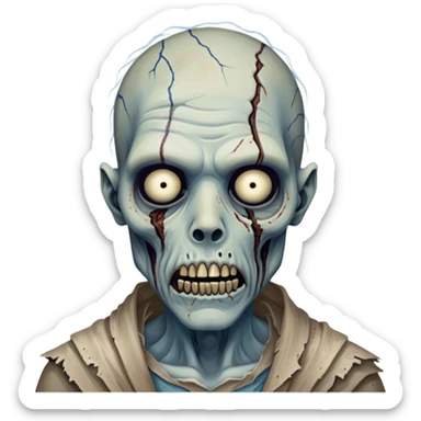 Cinematic Realistic WoW undead friendly zombie Portrait, depicted with decayed yet noble features, his weathered, pallid skin etched with ghostly blue veins and ancient scars. Clad in modest, tattered attire in muted browns and greys that remain consistently rugged, his hollow eyes burn with determined defiance. Rendered with lifelike texture and dramatic natural lighting, high shine, noble and resilient, capturing the stoic spirit of an undead veteran of Azeroth. sticker
