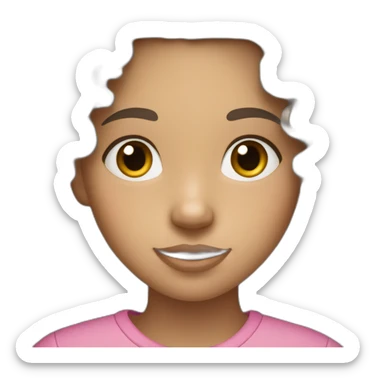 A 12 years old White girl with long curly brown hair a little nose and a Pink mouth wearing a Grey shirt sticker