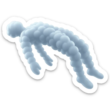 unconscious person flying upwards by torso, legs and arms down, made of small very bright white fluffy convex clouds, matte glass style sticker
