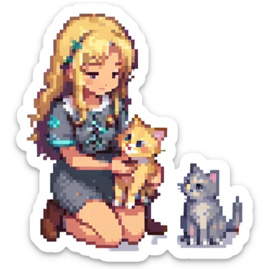 Remix using this girl as the character, petting a gray and blonde mixed cat in pixel art style. The girl is kneeling and the cat is looking up. sticker