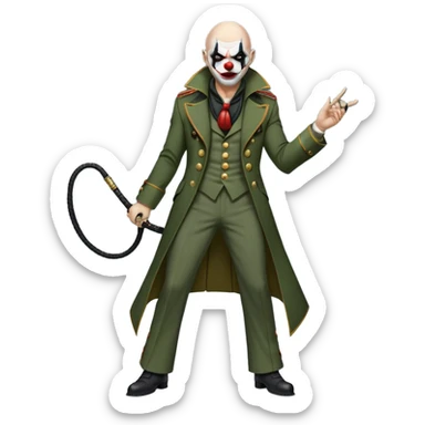 evil clown, bald, black horns on forehead, fangs, pointed ears, eye patch over one eye, long coat over black and military green leisure suit with bellbottom pants, tail, holding a different style of whip, realistically proportioned, less bulky, full body, battle-ready, fighting posture sticker