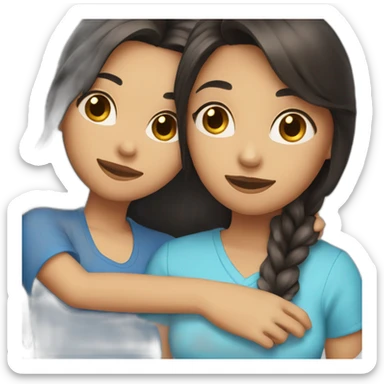 one girl with long brown hair wearing a cross necklace and one girl with medium black hair wearing a blue shirt hugging sticker