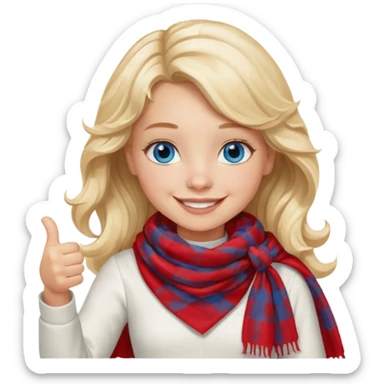 Blonde Girl, Blue Eyes, wavy hair, smiling, thumbs up, wearing red Checkered Triangle scarf, white dress sticker