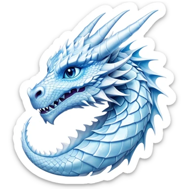 Cinematic Noble Beautiful Ice Dragon Portrait Emoji, Poised and majestic, with an ethereal, crystalline body adorned in intricately detailed scales of frosty blues and silvery whites reminiscent of glacial ice and delicate snowflakes, and piercing, cool eyes reflecting winter’s clarity; rendered with lifelike texture and subtle natural highlights, high shine, elegant and formidable, styled with an aura of chilling mythic beauty, focused and serene, soft glowing outline, capturing the essence of a legendary ice sovereign ready to glide gracefully out of the screen with timeless frosty allure! sticker