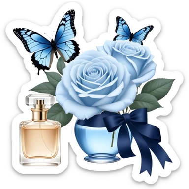 A bouquet of pale blue Ascott tea roses next to a navy aesthetic and a blue beautiful butterfly and a navy silk ribbon and a beautiful flacon of aesthetically pleasing vintage-style perfume in pearl color sticker