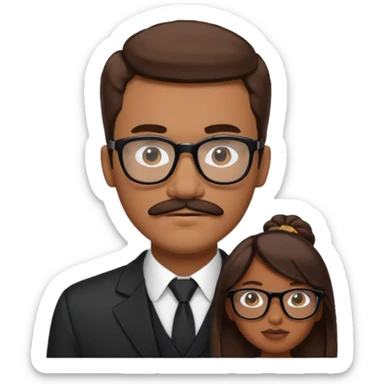 White brown cow boy with black glasses and mustache with a black black girl sticker
