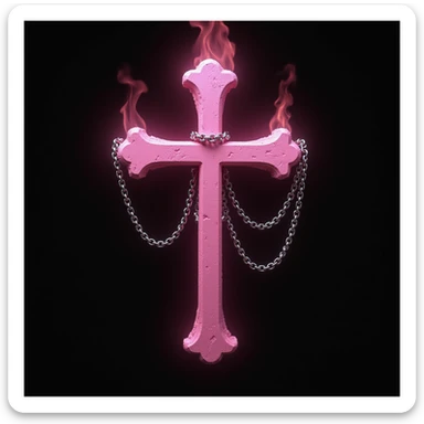 realistic gothic cross, pink with chains and dark flame, photorealistic style, no background sticker