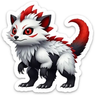a white exotic edgy vernid-fionbr-Fakémon-creature, with black belly and red eyes, full body sticker