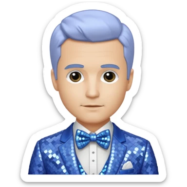 Freddie Prinze Jr with platinum blonde hair, periwinkle sequin suit with bow tie sticker