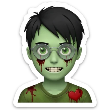 Zombie emo boy, green skin and black hair, chrome heart glasses and a scary smile, scars and blood under eyes sticker