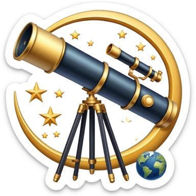An icon featuring a telescope, stars, and a planet, symbolizing astronomy. The design includes a crescent moon, distant galaxies, and constellations, representing the study of space and celestial bodies. Transparent background highlights the exploration of the universe and cosmic phenomena. sticker