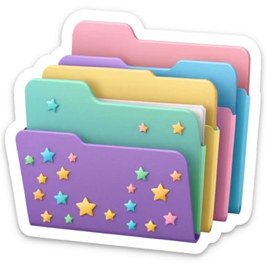 small cute folder icon in soft pastel colors light yellow or peach, slightly open at the top, colorful divider tabs inside peeking out blue green pink purple, white label area on front with word Covers in playful handwriting, small sparkles or stars around folder, emoji style, folder is more squared sticker