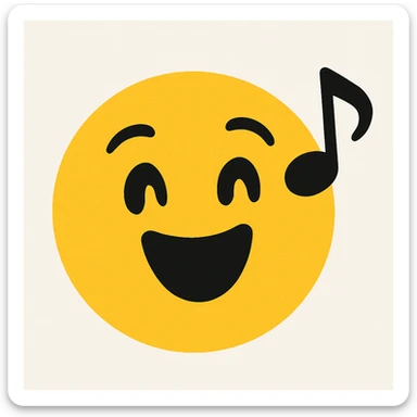 Adjust the emoji style to match the Rednote app emoji style exactly: flat, soft, rounded face, bold expressive eyes, vibrant yellow and black colors, playful and cheerful, with a musical note accent, no 3D or shading. sticker