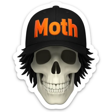 Create a skeleton head wearing a black baseball cap that says "Moth" in orange lettering, with black hair sticker