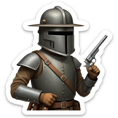 Cinematic Realistic Ned Kelly Portrait Emoji, depicted as the legendary Australian bushranger in his iconic homemade iron helmet and armor, gripping a revolver with a defiant stance. The scene is rendered with gritty textures and dramatic, shadowed lighting, evoking the lawless frontier and his rebellious, fearless legacy. sticker