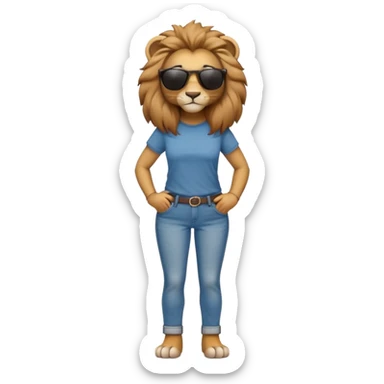 friendly anthropomorphised female lion character, full body, standing confidently with arms folded, wearing jeans, a t-shirt, and dark sunglasses sticker