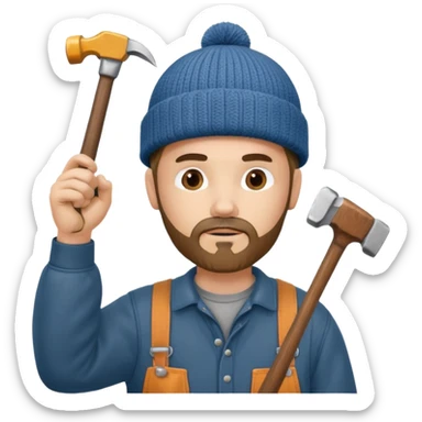 Woodworker goatee knit cap Carharttk shirt hand raised above head sticker