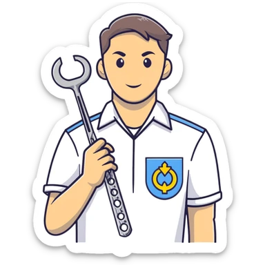 A Ukrainian man in a white embroidered shirt holds a spanner in one hand and scissors in the other sticker