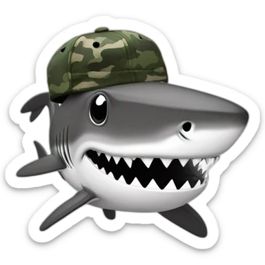 cartoon shark standing with a camouflage cap on its head,black and white sticker