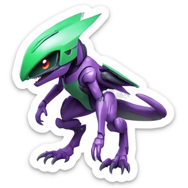 a purple-green- Genesect-Raptor-Fakémon—hybrid with a futuristic visor-helmet full body sticker