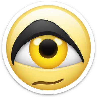 A round yellow emoji with an oversized eye on the left and a straight, black hairstyle partially covering the forehead. The mouth is a neutral line, conveying a sense of indifference or surprise. sticker