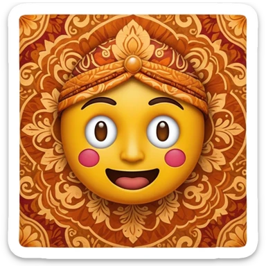Cinematic Realistic Indonesian Batik Pop Culture Emoji, showcasing intricate, colorful batik patterns rendered with detailed textures and vibrant, cultural lighting. sticker