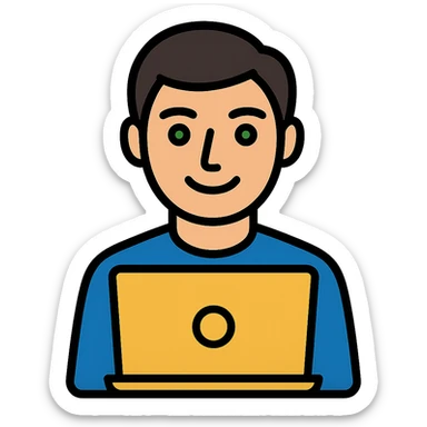 Change the man's hairstyle to a different style, keep him with dark hair and green eyes working on a laptop, clean modern icon style, simple background removed. sticker