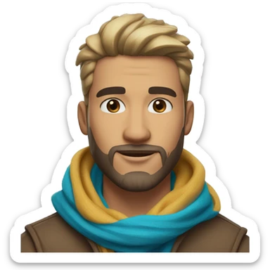 latin-guy-with-taper-fade,-straight-tiktok-guy-front-and-top-of-hair-and-dark-blonde-beard-and-blue-eyes-and-big-nose-and-scarf-on-the-middle-of-forehead sticker