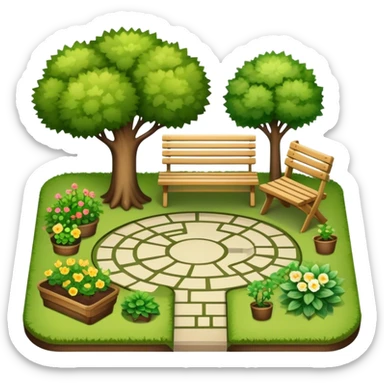 Icon for Landscape Design: a garden layout with trees, plants, pathways, and outdoor furniture, along with design tools like a ruler, pencil and sketchpad. The icon should represent the creativity and planning behind landscape design. Transparent background. sticker