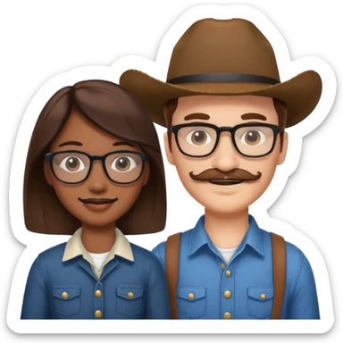 White brown cow boy with glasses and mustache with black girl sticker