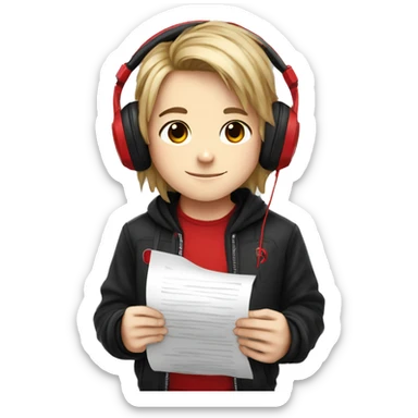 A chibi boy with long hair, in a black jacket with a red T-shirt, wearing marshall major 4 headphones, reads the text from a piece of paper sticker