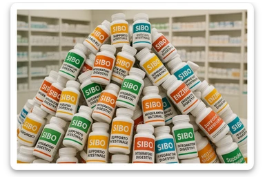 montagna di barattoli di integratori contro la SIBO con etichette in italiano sticker