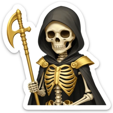 feminine skeleton grim reaper in a gold with scythe sticker