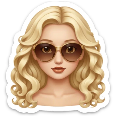 Luxury blonde model, brown eyes, sunglasses on head, long soft curls sticker
