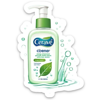 `CeraVe-shaped cleanser white rectangular pump bottle with soft green label CeraVe” stripe. Surrounded by floating water bubbles, glowing light particles, and a gentle green mist. Feels like a calm hydration spell in a bottle. Clean, glossy, emoji-style.`magical
 sticker