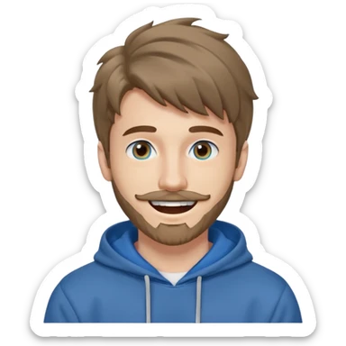 20 year old man, short scruffy beard and thin moustache, brown puffy mullet, blue eyes, big smile, white teeth, big lips, pronounced jaw, hair longer in back, sticking up on top, thin face, grey hooded sweatshirt, pale skin, big smile, blue eyes, puffy hair that is long in back sticker