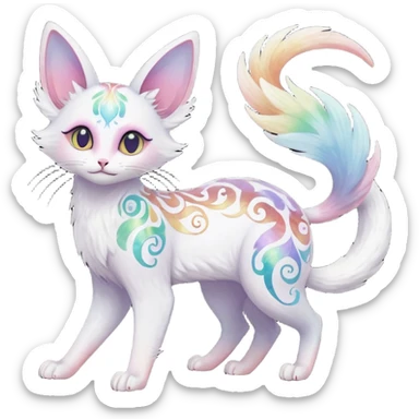 Jumping-Pure-snow-White albino iridescent with pastel rainbow-gradients-color-markings with swirly patterns butterflies  faerie-Noivern-Noibat-Purloin-Torracat-Lykoi-Caracal-cat-Fakemon-fusion-hybrid-creature- sticker