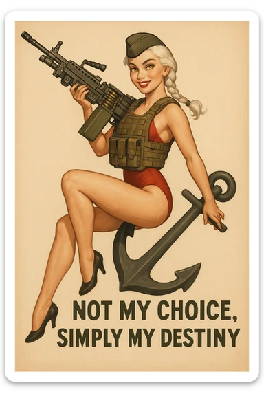 a retro military pinup " not my choice, simply my destiny "
; female figure young,gorgeous, white hair 1 braid, gold yellow eyes, riding side-saddle on a massive anchor , with a massive LMG 249,  wearing a swimsuit with plate-carrier sticker