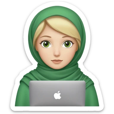 blond women skine , with green eyes , with scarf hijab , hid the hair, with macbook sticker