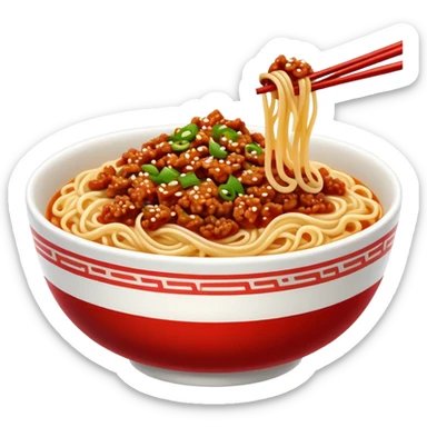 Sichuan Dan Dan Noodles with red chili oil and minced pork, simplified emoji style with bold outlines and bright colors, cartoon style spicy Chengdu street food sticker